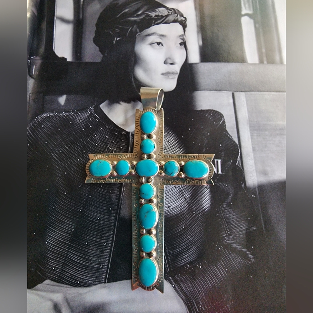 Large Navajo Sterling Silver & Turquoise Cross Pendant